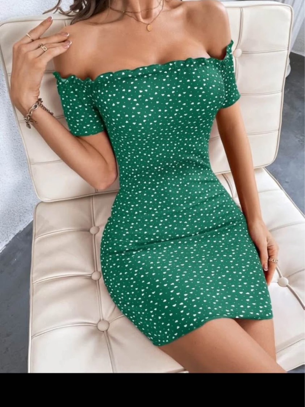 SHEIN Green Off-Shoulder Mini Dress with White Heart Dots